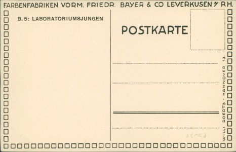 Adressseite der Ansichtskarte Leverkusen, Farbenfabriken vorm. Friedr. Bayer & Co. B.5: Laboratoriumsjungen