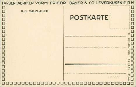 Adressseite der Ansichtskarte Leverkusen, Farbenfabriken vorm. Friedr. Bayer & Co. B.8: Salzlager