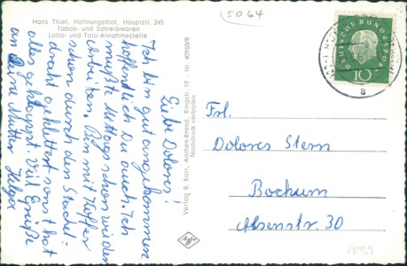 Adressseite der Ansichtskarte Rösrath-Hoffnungsthal, Teilansicht mit Kirche, Arbeiterwohlfahrtsheim