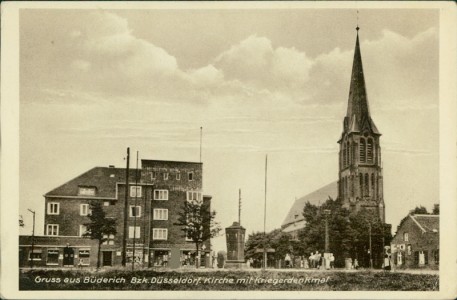 Alte Ansichtskarte Meerbusch-Büderich, Kirche mit Kriegerdenkmal