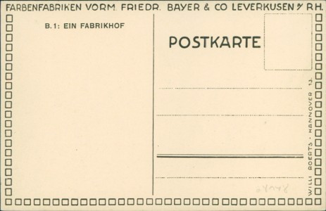 Adressseite der Ansichtskarte Leverkusen, Farbenfabriken vorm. Friedr. Bayer & Co. B.1: Ein Fabrikhof