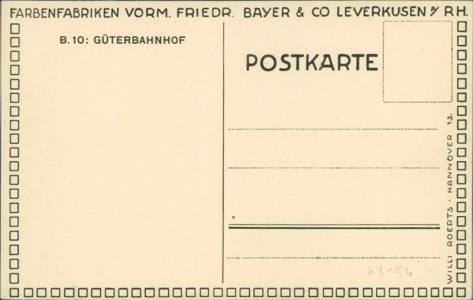 Adressseite der Ansichtskarte Leverkusen, Farbenfabriken vorm. Friedr. Bayer & Co. B.10: Güterbahnhof