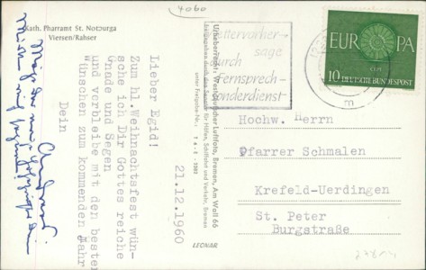 Adressseite der Ansichtskarte Viersen-Rahser, Kath. Pfarramt St. Notburga, Luftbild