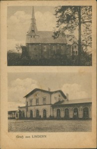 Alte Ansichtskarte Geilenkirchen-Lindern, Kirche, Bahnhof