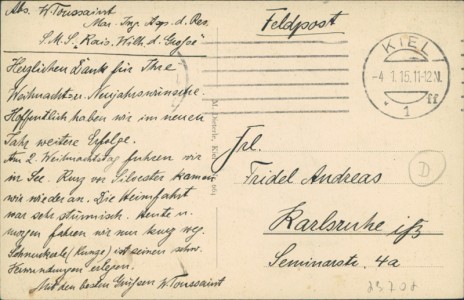 Adressseite der Ansichtskarte S. M. Panzerkreuzer Moltke in voller Fahrt, Länge 185 m, Wasserverdrängung 23000 Tons