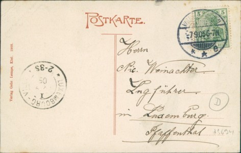 Adressseite der Ansichtskarte Unsere Marine, Segelaufrollen. Segelschiff