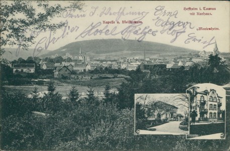 Alte Ansichtskarte Hofheim am Taunus, Totalansicht mit Kapelle u. Meisterturm, Marienheim