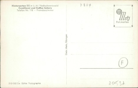Adressseite der Ansichtskarte Hinterzarten, Conditorei und Kaffee Imbergy, Telefon Nr 118 - Fremdenzimmer