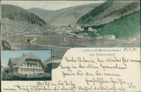 Alte Ansichtskarte St. Blasien-Menzenschwand, Gesamtansicht, vermutlich Kurhaus Menzenschwand, Besitzer C. Schrode