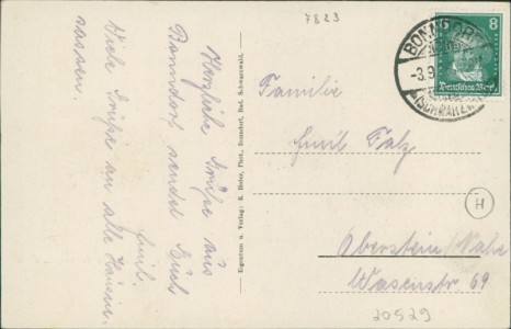 Adressseite der Ansichtskarte Bonndorf im Schwarzwald, Gesamtansicht, Gasthaus zum Kranz, Besitzer: J. Widmann