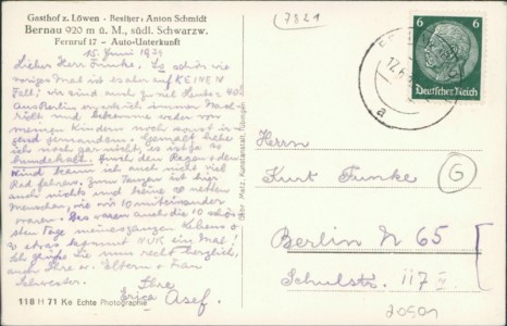Adressseite der Ansichtskarte Bernau im Schwarzwald, Gasthof z. Löwen - Besitzer: Anton Schmidt