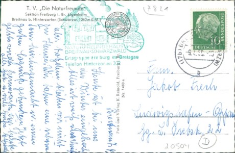 Adressseite der Ansichtskarte Breitnau, T. V. "Die Naturfreunde", Sektion Freiburg i. Br. Eigenheim