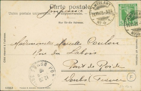 Adressseite der Ansichtskarte Bern (Simmenthal), Frau in Tracht