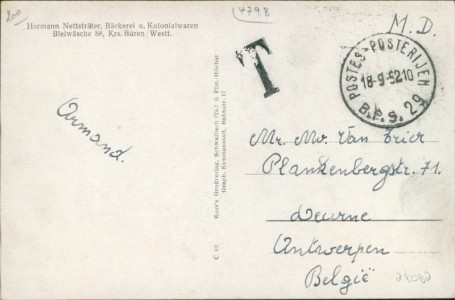 Adressseite der Ansichtskarte Bad Wünnenberg-Bleiwäsche, Gesamtansicht, Bäckerei u. Kolonialwaren Hermann Nettsträter