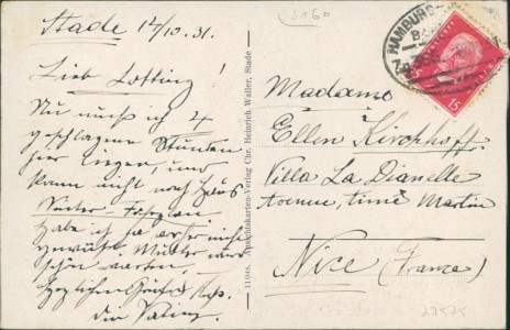 Adressseite der Ansichtskarte Stade, Anlagen mit Neubourgdenkmal