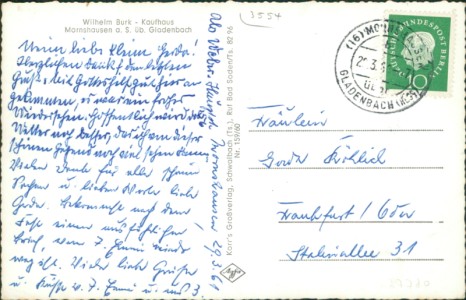 Adressseite der Ansichtskarte Gladenbach-Mornshausen, Gesamtansicht, Kirche, Schule