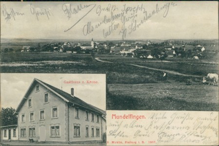 Alte Ansichtskarte Hüfingen-Mundelfingen, Gesamtansicht, Gasthaus z. Krone