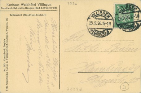 Adressseite der Ansichtskarte Villingen, Kurhaus Waldhotel