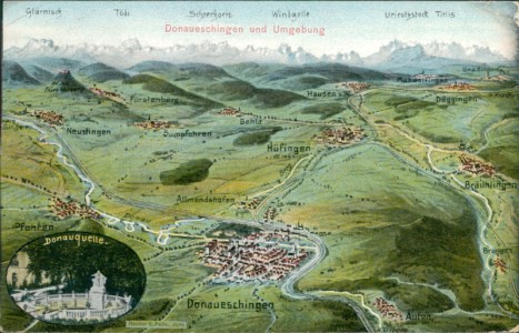Alte Ansichtskarte Donaueschingen, Donaueschingen und Umgebung aus der Vogelschau, Atelier E. Felle, Isny